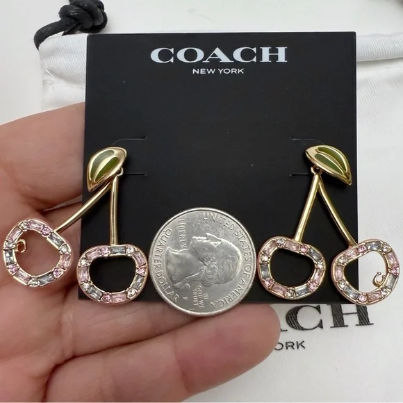 Coach Cherry Pink Pavê Rhinestone Enamel Goldtone Drop Earrings NEW